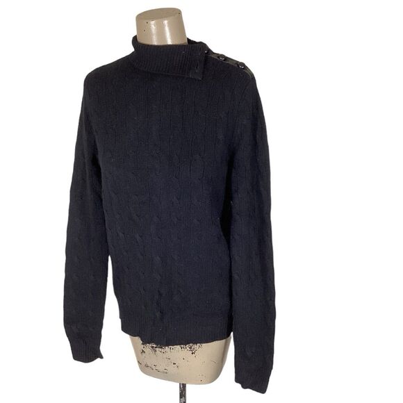 Ralph Lauren Black Knit Cashmere Lamb Skin Button Turtleneck Sweater Women’s L - Picture 1 of 6